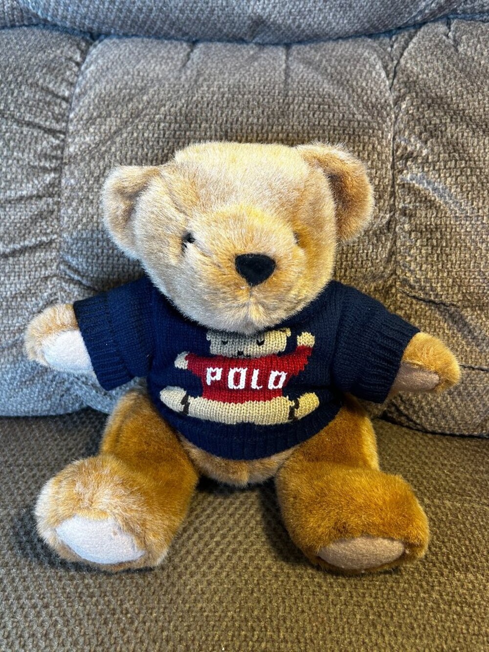 1997 Polo Ralph Lauren Teddy Bear Stuffed Brown Plush 1997 Navy Blue Sweater 14”